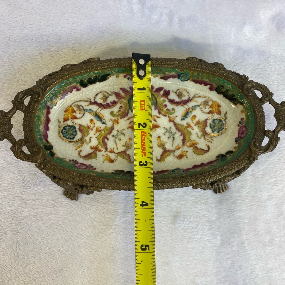 Antique Hua Rong Tang Zhi Porcelain & Ornate Bronze Footed Floral Tray 8” - Picture 9 of 9
